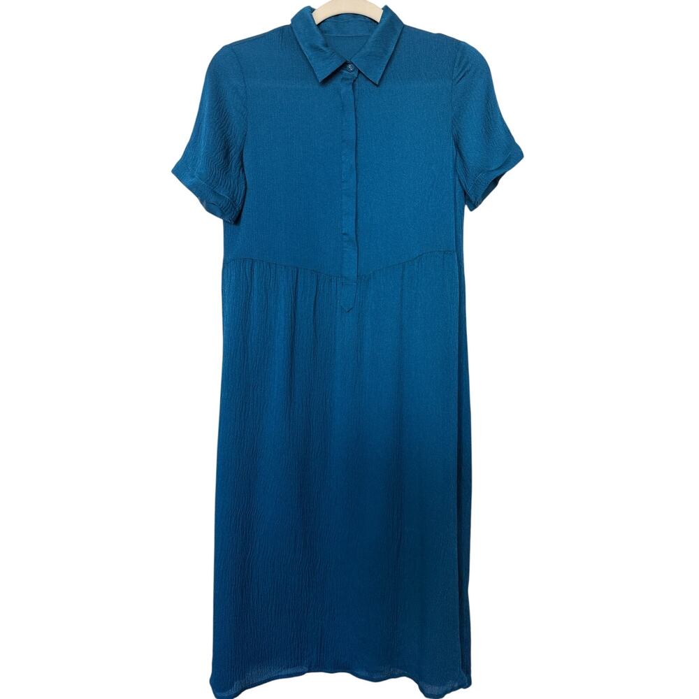 100% Mulberry Silk Teal Blue Midi Shirt Dress Short Sleeve Collared M